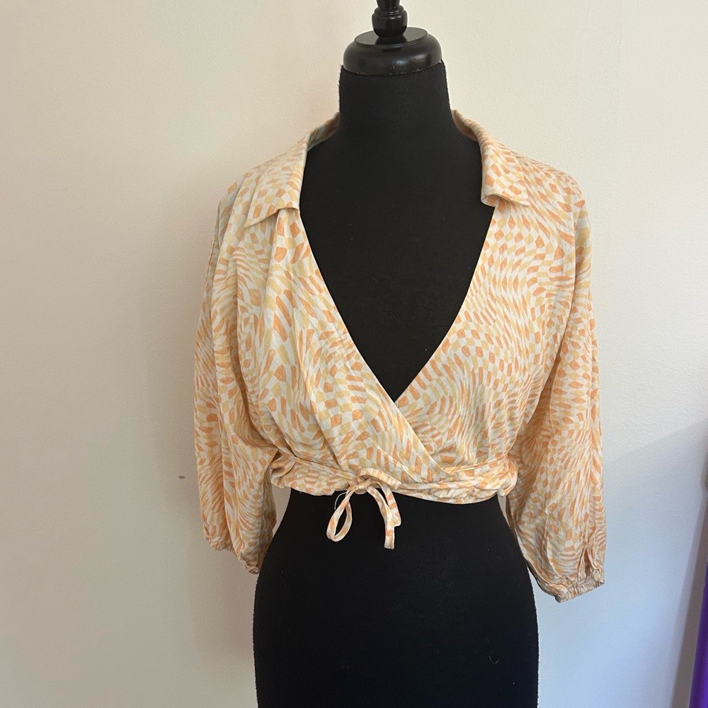 Sage Cream Orange  Wrap Blouse with Notched Collar
